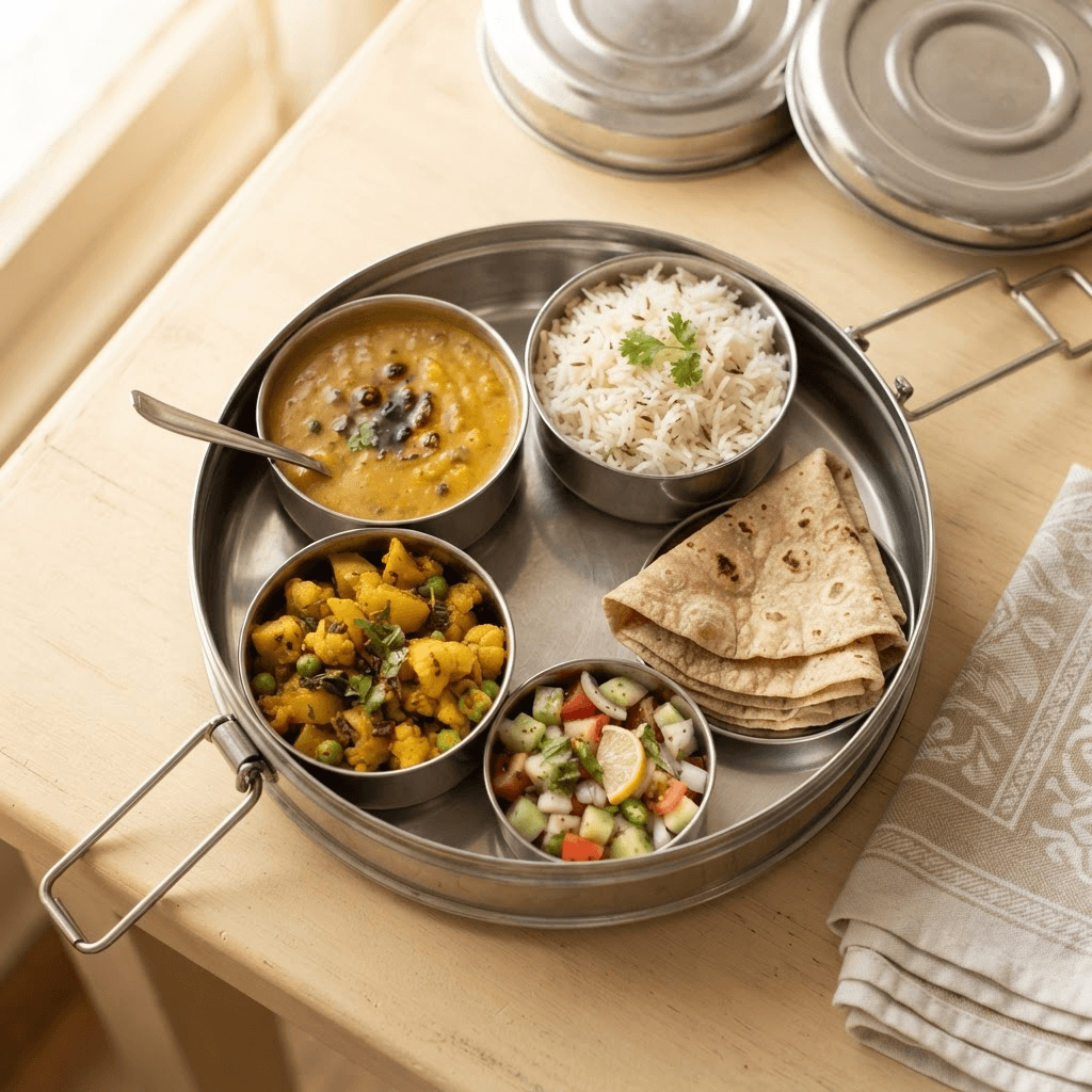 A warm home-style Indian meal laid out in the morning light — rice, dal, sabzi and roti in a steel thali