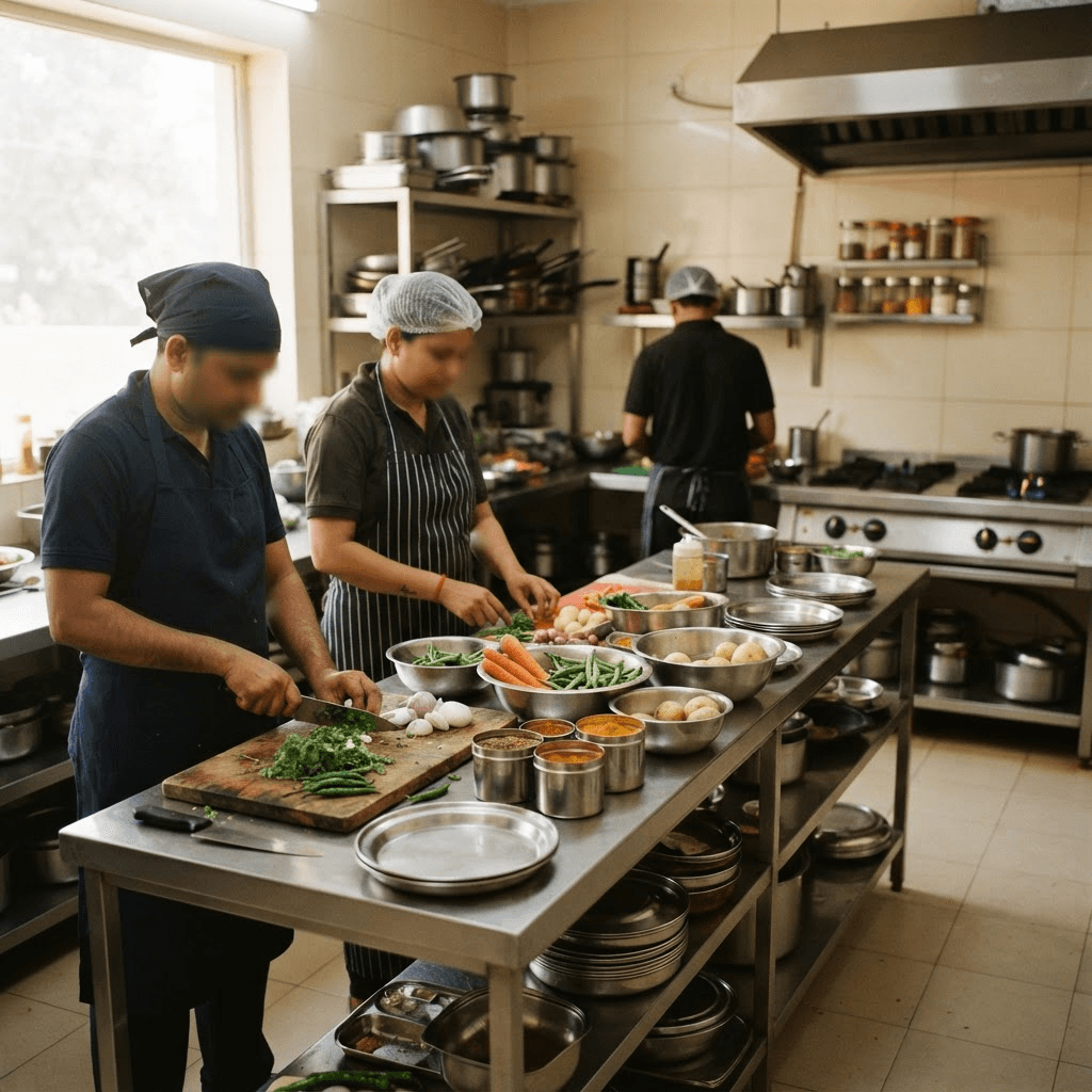 Inside a clean, bright DropFood kitchen with fresh vegetables being prepared in the morning